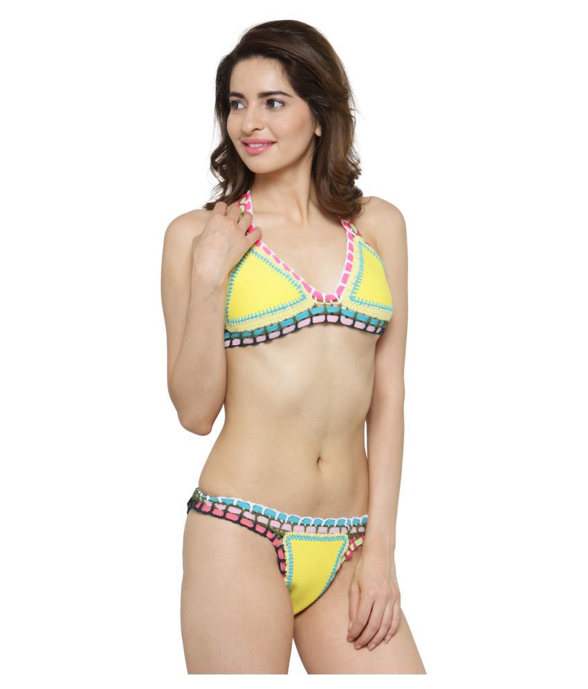 ItspleaZure Neon Yellow Halter Neck Bikini Set for Women