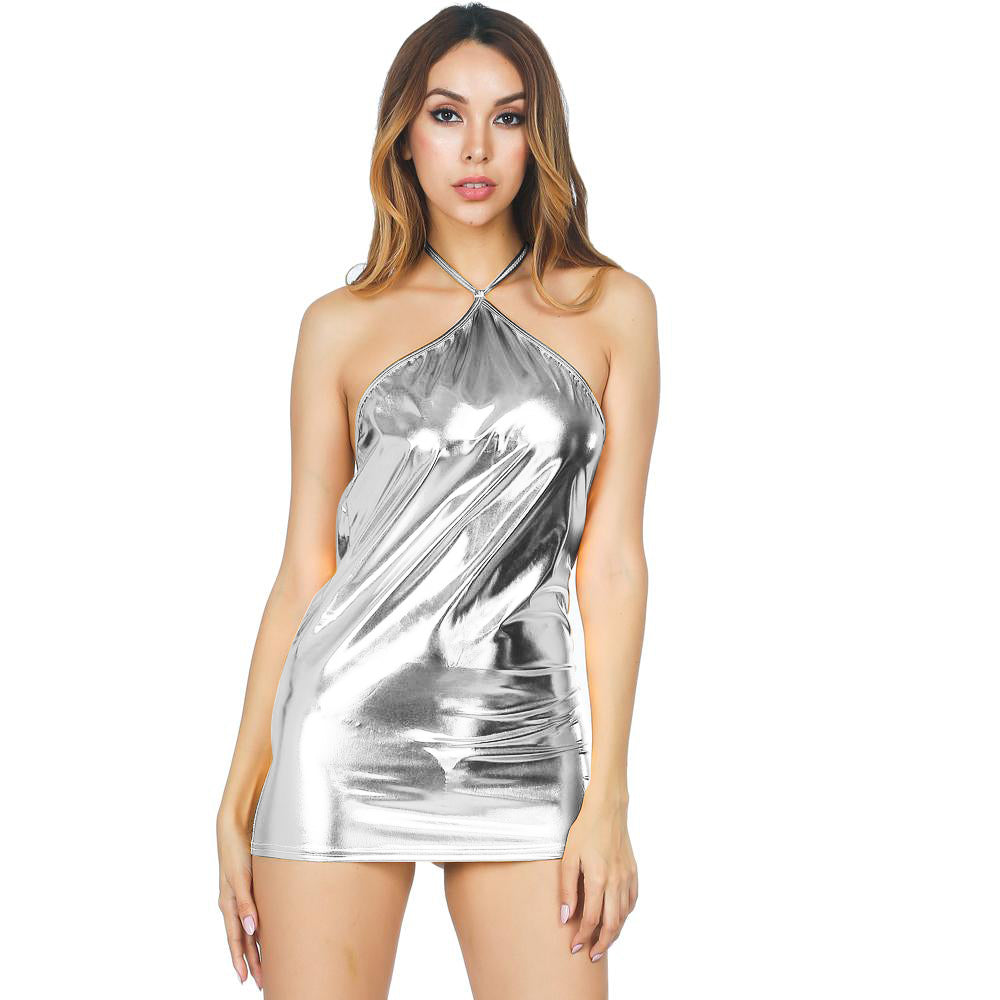 ItspleaZure women Metallic Sexy Halter Neck Backless Bodycon Mini Dress