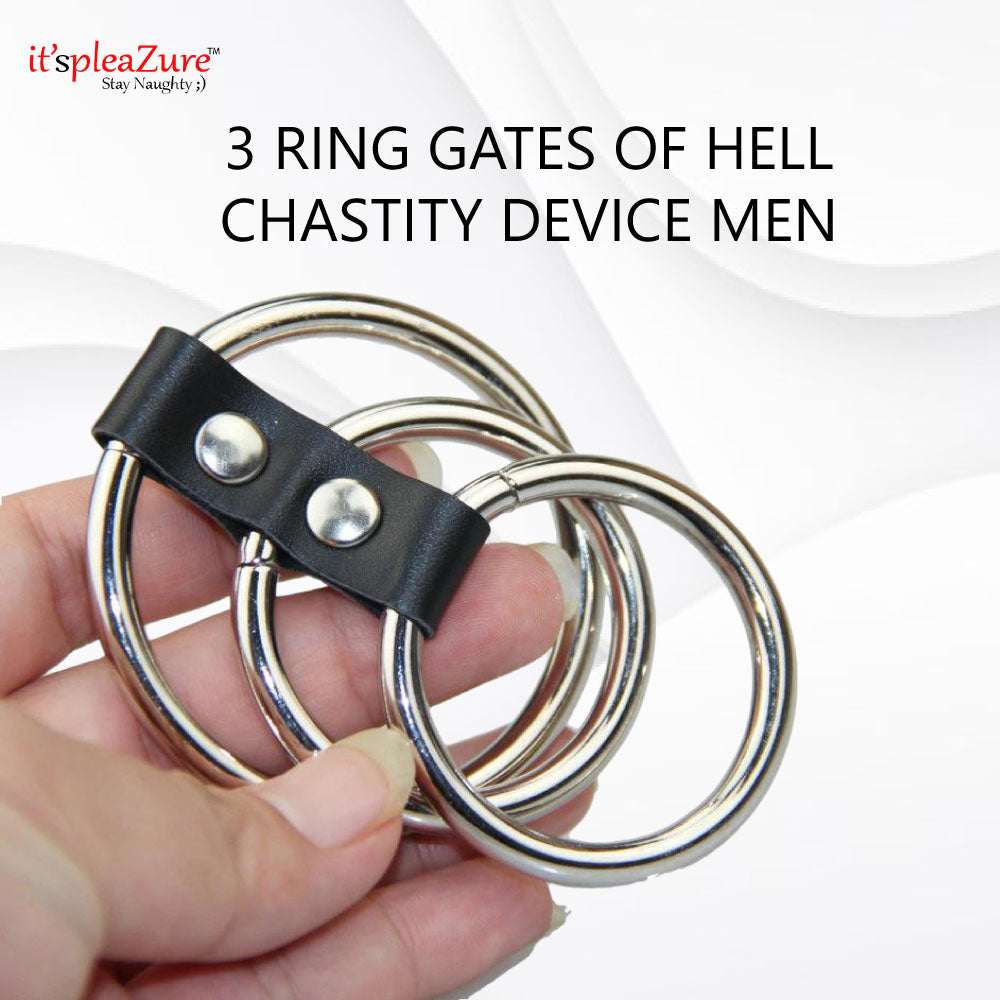 Men's Red & Black Steel Penis Ring Chastity Device 3 Ring Gates of Hell at ItspleaZure