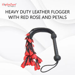 Red Black Heavy Duty Bondage Leather Flogger with Red Rose and Petals from ItspleaZure