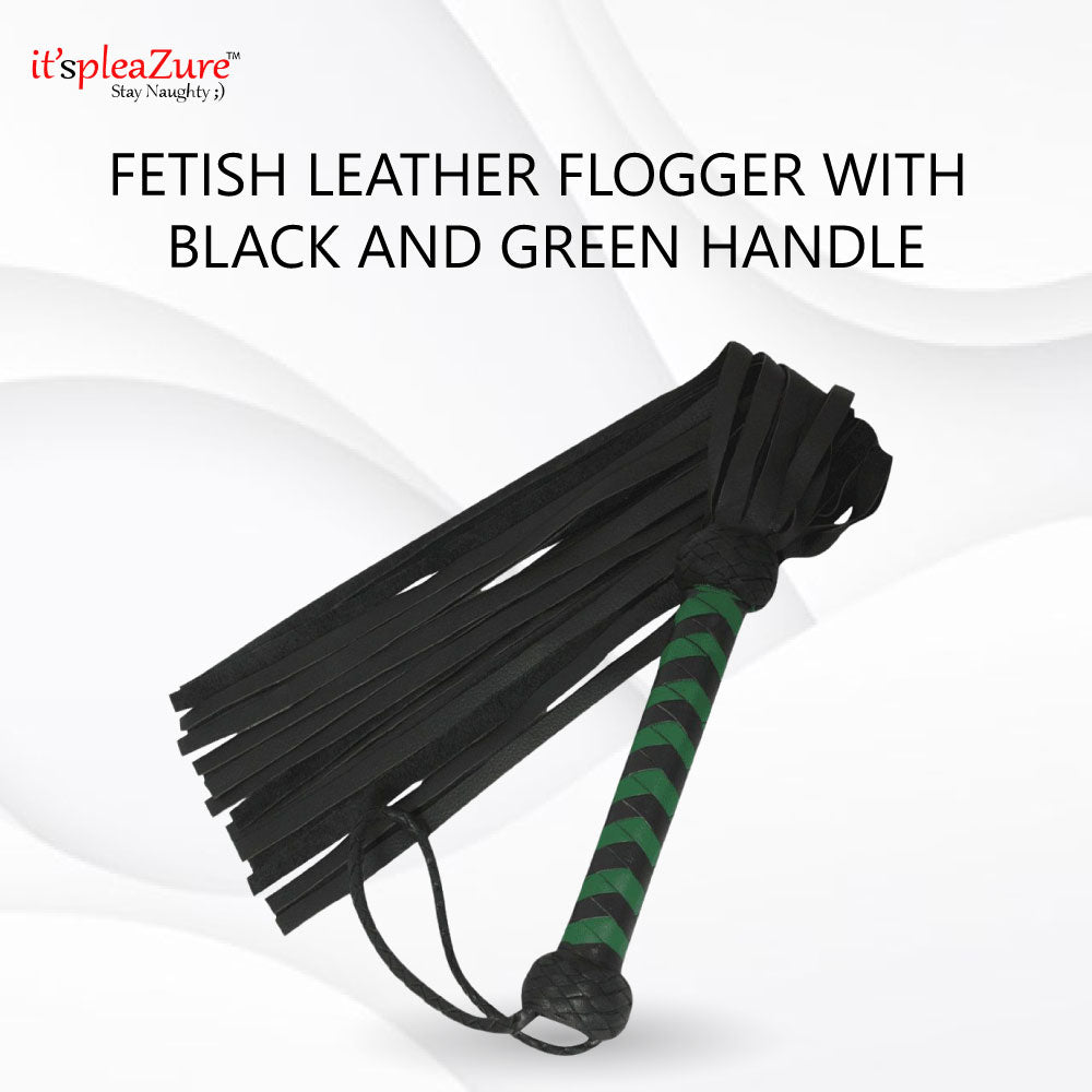 Fetish Leather Flogger with Black And Green Handle Bondage product at Itspleazure